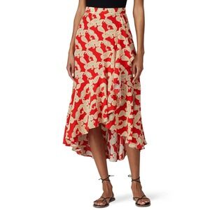 The Kooples Jupe Skirt Red Paisley Print Hi-Low Ruffle Crepe Midi Sz 8 US